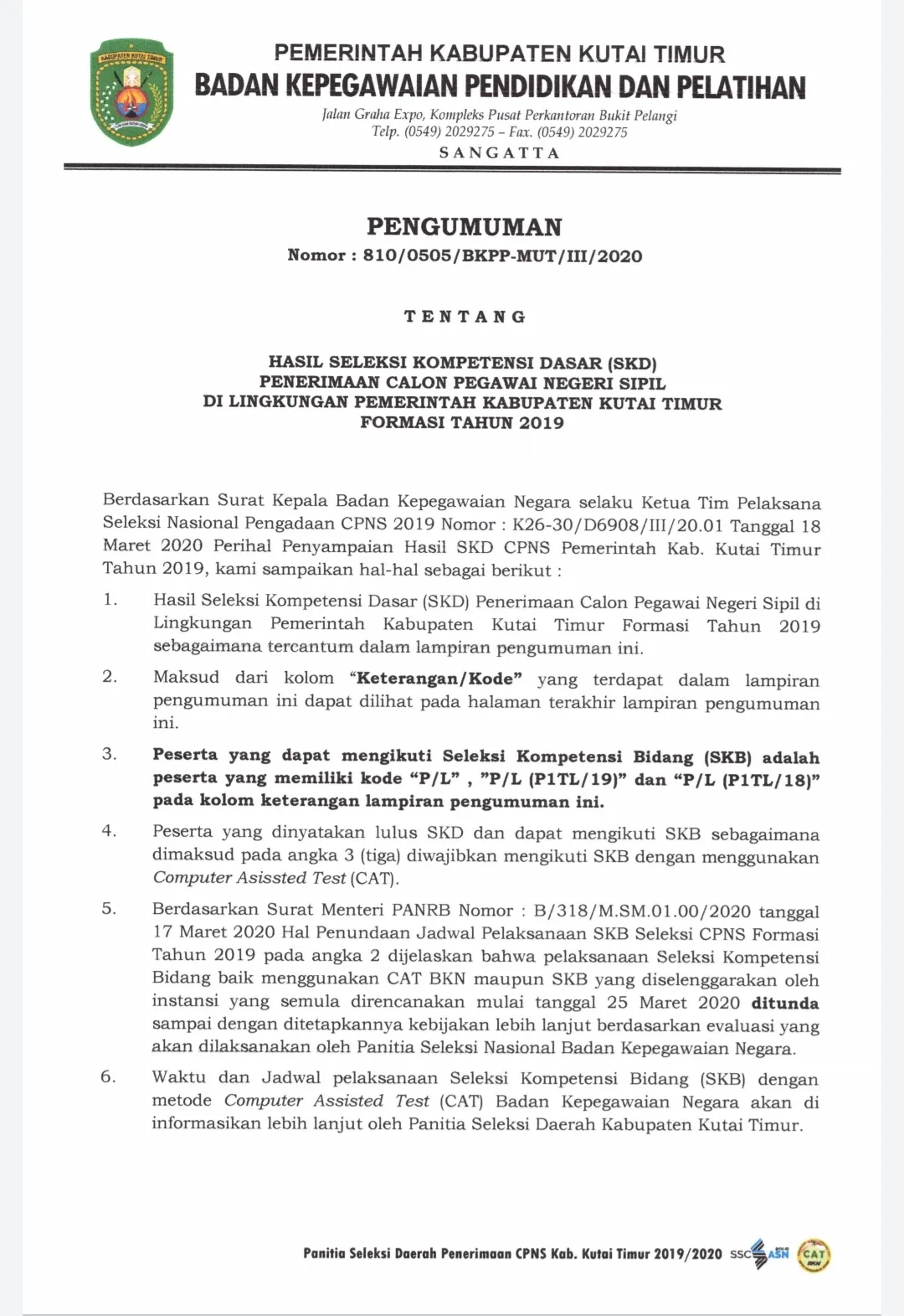 Hasil Seleksi Kompetensi Dasar (SKD) Penerimaan CPNS Kabupaten Kutai Timur Tahun 2019